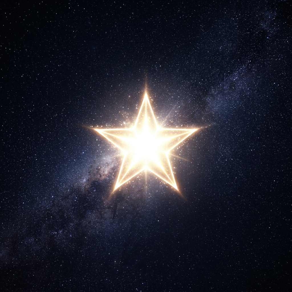 Glowing five-pointed star shining brightly against a starry night sky