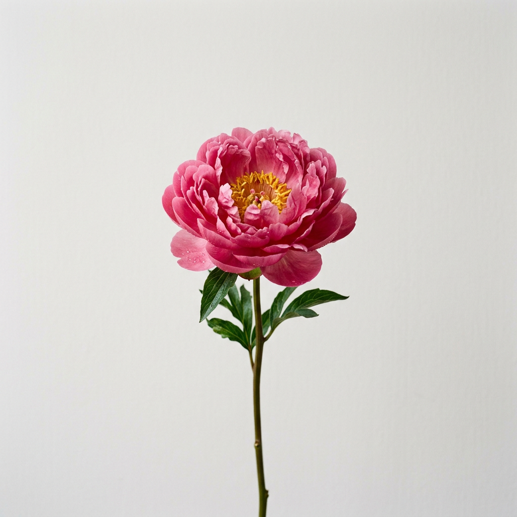Single pink peony flower with green leaves on a stem